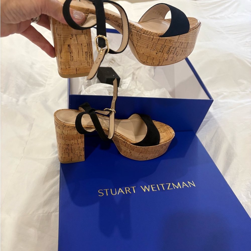 Stuart Weitzman Black Suede Cork Platform Sandals with Ankle Strap